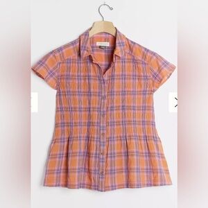 Anthropologie Pilcro Jenesa Smocked Pink and Orange Buttondown